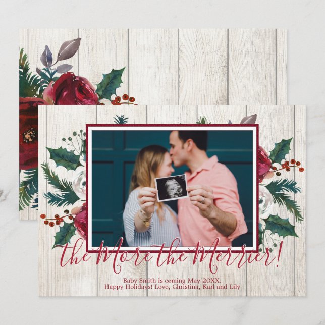 Pine Photo Christmas Pregnancy Announcement Cards (Front/Back)