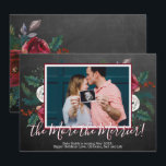 Pine Photo Christmas Pregnancy Announcement Cards<br><div class="desc">Photo Christmas Pregnancy Announcement Cards. Expecting parents! Modern white-red hand lettered typography script "the More the Merrier!" card to share your happy news with family and friends in the holiday season. Features watercolor burgundy white floral pine branches red berries with holly arrangement on chalkboard background. Inside the frame you can...</div>