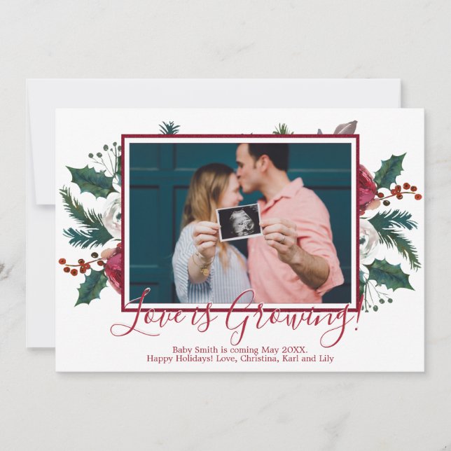 Pine Photo Christmas Pregnancy Announcement Cards (Front)