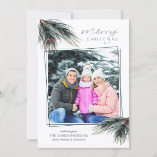 Pine & Pine Cone Watercolor MERRY CHRISTMAS Photo Holiday Card