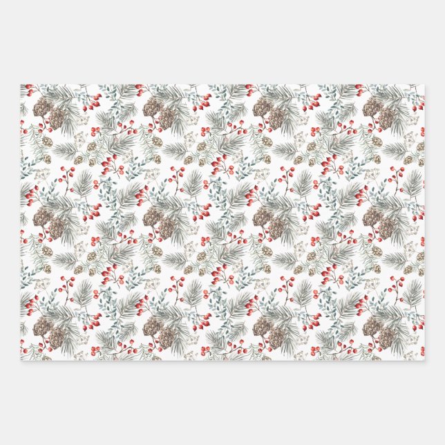 Pine Pine Cones Red Berries Christmas  Wrapping Paper Sheet (Front)