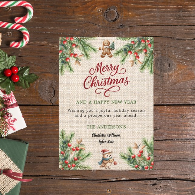 Pine red berries beige burlap cute owl Christmas Holiday Card (Creator Uploaded)