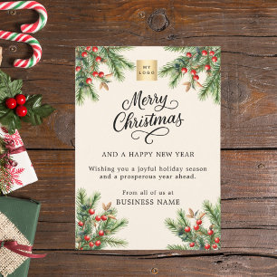 Pine red berries beige owl business logo Christmas Holiday Card