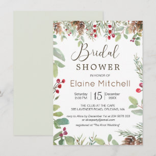 Pine Red Berry Winter Greenery Bridal Shower Invitation