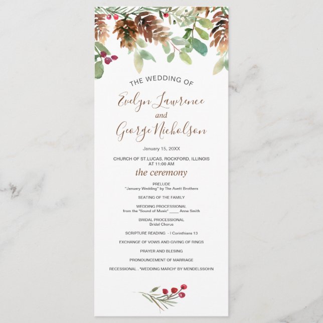 Pine Red Berry Winter Greenery Wedding Program Programme (Front)