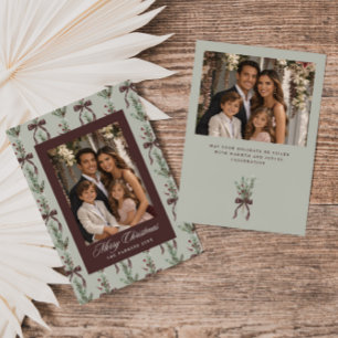 Pine Sprig Bow Pattern Family 2 Photo Holiday Card