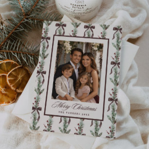 Pine Sprig Bow Pattern Family Photo Holiday Card