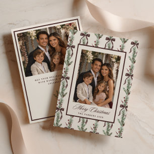 Pine Sprig Bow Pattern Family Photo Holiday Card