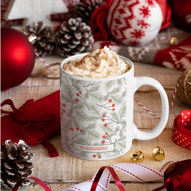 Pine Sprigs and Berries Custom Name Christmas Coffee Mug (Creator Uploaded)