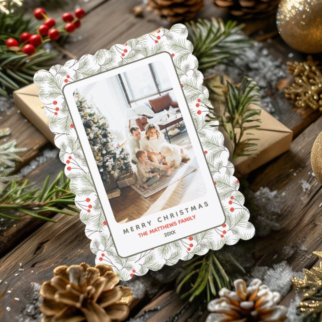 Pine Sprigs and Berries Custom Photo Christmas  Holiday Card (Creator Uploaded)