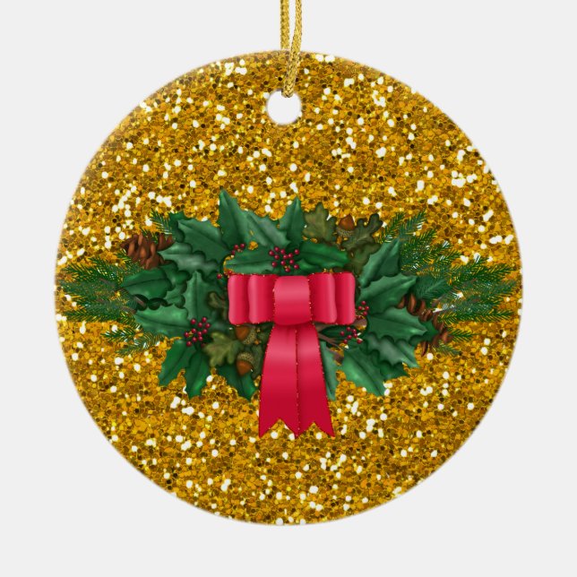 Pine Swag | Red Bow | Faux Gold Glitter Holiday Ceramic Tree Decoration (Front)