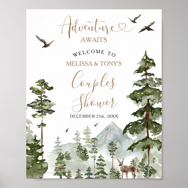 Pine Tree Adventure Awaits Couple Shower Welcome Poster (Front)