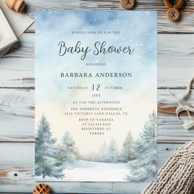 Pine-Tree Baby Shower Watercolor Winter Invitation (Creator Uploaded)