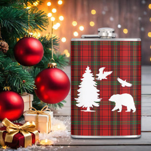 Pine tree Bear Eagle on Red Black Tartan Hip Flask