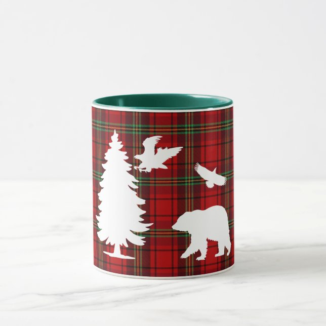 Pine tree Bear Eagle on Red Black Tartan Mug (Center)