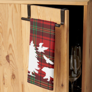 Pine tree Bear Eagle on Red Black Tartan Tea Towel
