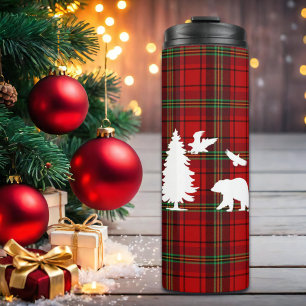 Pine tree Bear Eagle on Red Black Tartan Thermal Tumbler