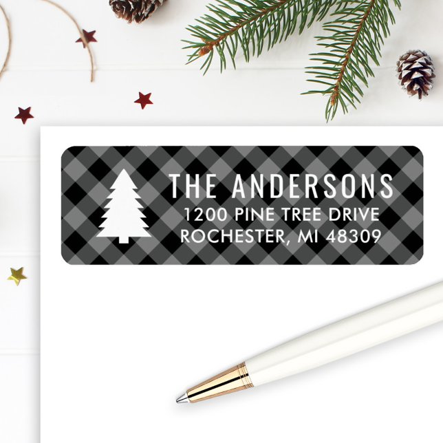 Pine Tree Black Grey Buffalo Plaid Holiday Address (Creator Uploaded)