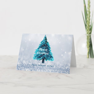 Pine Tree Blue Bokeh Christmas Holiday Card
