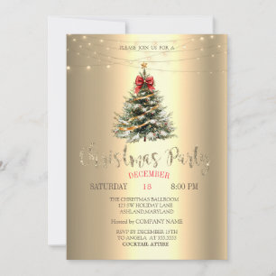 Pine Tree,Bow,String Lights Gold Christmas Invitation