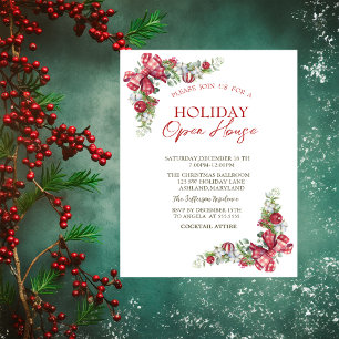 Pine Tree Branch,Ball,Bow Holiday Open House   Invitation
