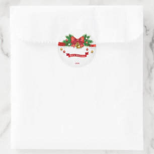 Pine Tree Branch Jingle Bell Bow Holiday Classic Round Sticker