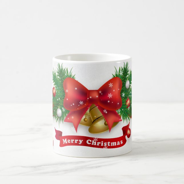 Pine Tree Branch Jingle Bell Bow Holiday Coffee Mug (Center)
