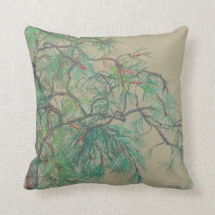 "Pine-tree branch", pastel drawing in green tones Cushion