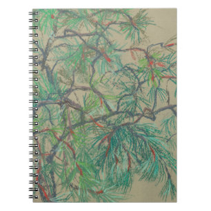 "Pine-tree branch", pastel drawing in green tones Notebook