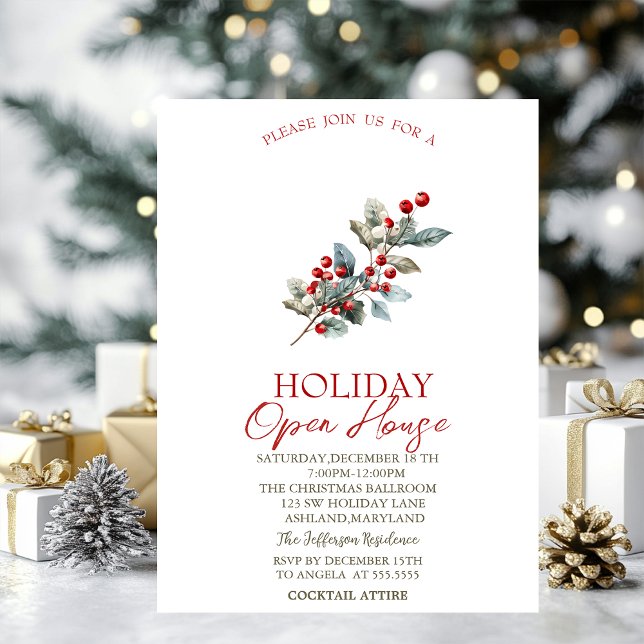 Pine Tree Branch Red Berries Holiday Open House   Invitation (Creator Uploaded)