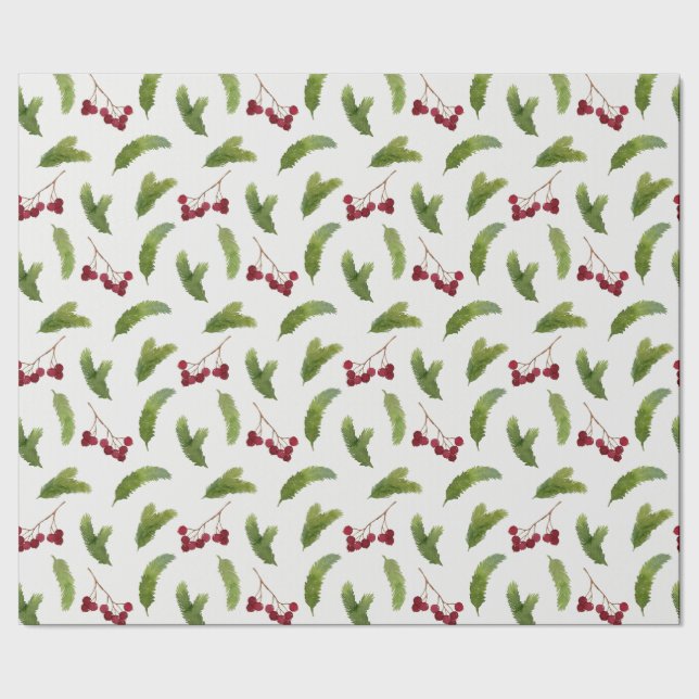 Pine Tree Branches and Red Berries Christmas Wrapping Paper (Seam)