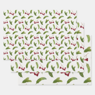 Pine Tree Branches and Red Berries Christmas Wrapping Paper Sheet