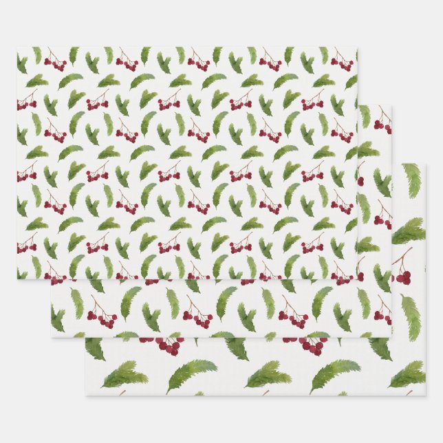 Pine Tree Branches and Red Berries Christmas Wrapping Paper Sheet (Set)