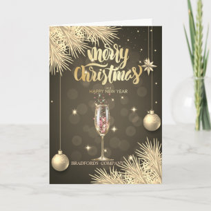 Pine Tree Branches, Balls,Champagne Glass Holiday Card
