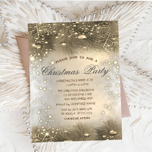 Pine Tree Branches,Balls,Gold Christmas  Invitation