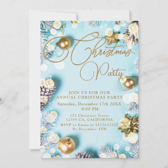 Pine Tree Branches,Balls,Gold Christmas Invitation (Front)