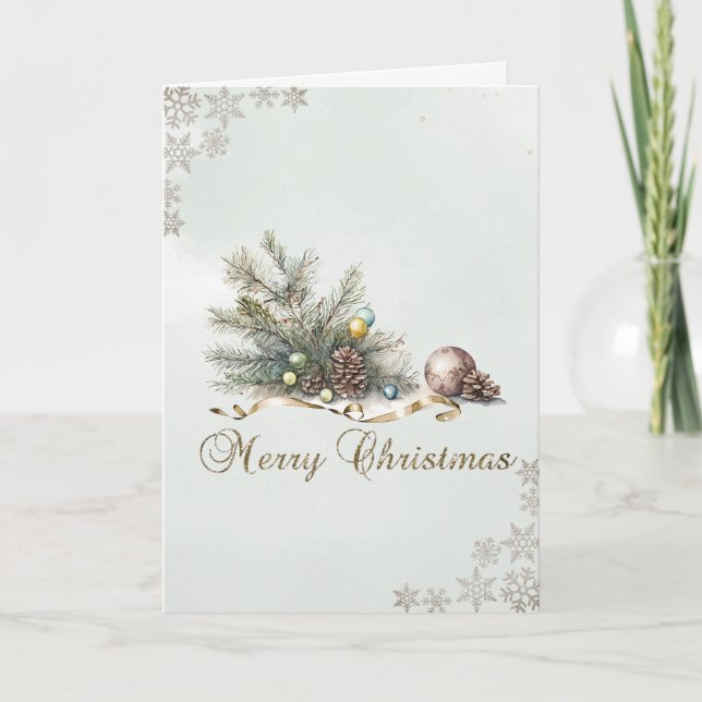 Pine Tree Branches Balls Pine Cones Holiday Card (Front)