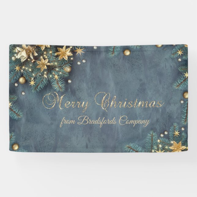 Pine Tree Branches,Gold Poinsettia,Stars Banner (Horizontal)