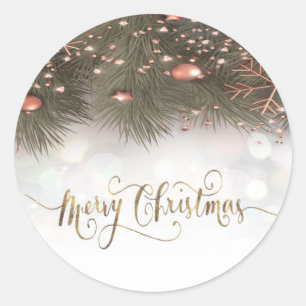Pine Tree Branches Ornaments Merry Christmas Classic Round Sticker