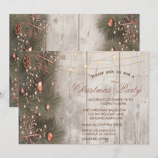Pine Tree Branches Ornaments Wood Christmas Party Invitation (Front/Back)