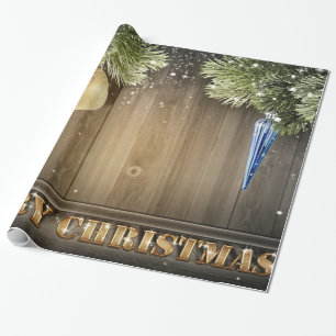 Pine Tree Branches,Ornaments,Wood Holiday Wrapping Paper