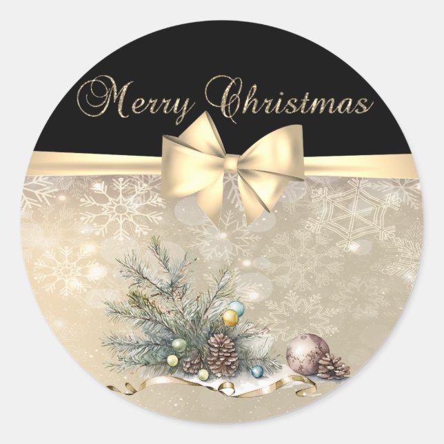 Pine Tree Branches,Pine Cones,Balls, Snowflakes Classic Round Sticker (Front)