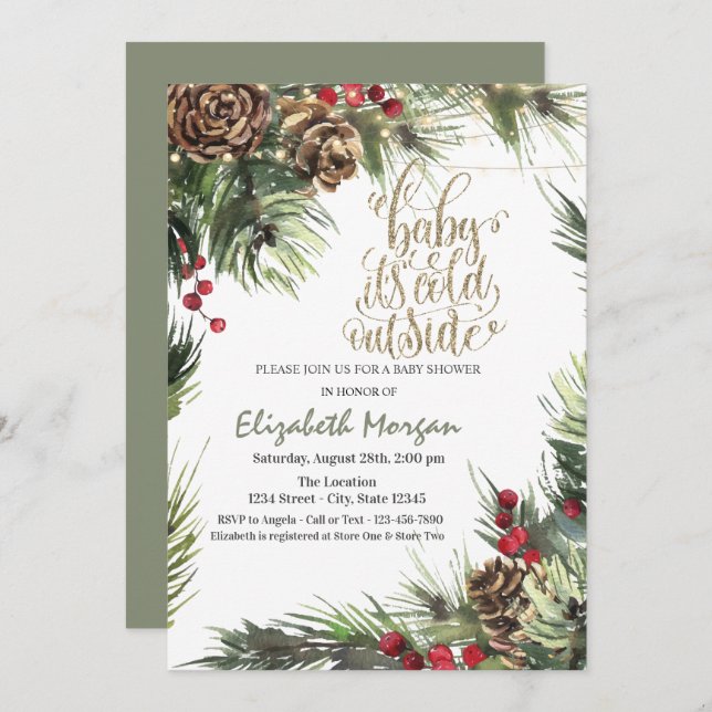 Pine Tree Branches,Pine Cones Green Baby Shower   Invitation (Front/Back)