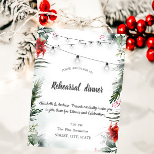 Pine Tree Branches,Poinsettia Rehearsal Dinner Invitation