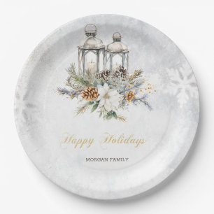 Pine Tree Branches Poinsettia Vintage Lantern Paper Plate