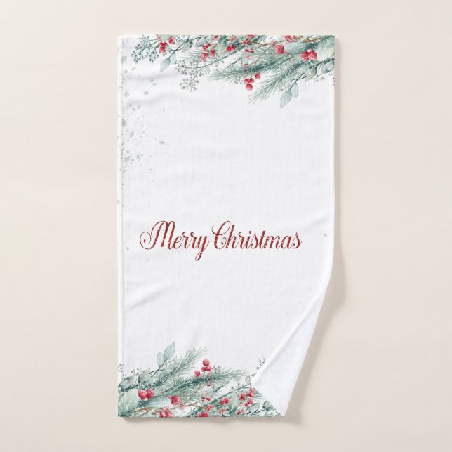Pine Tree Branches Red Berries Bath Towel Set (Hand Towel)