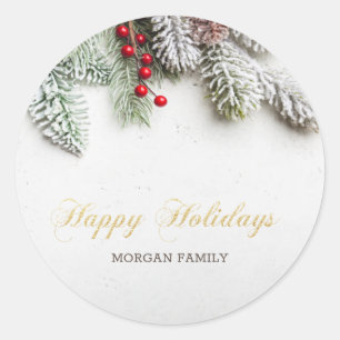 Pine Tree Branches Snow Christmas Classic Round Sticker