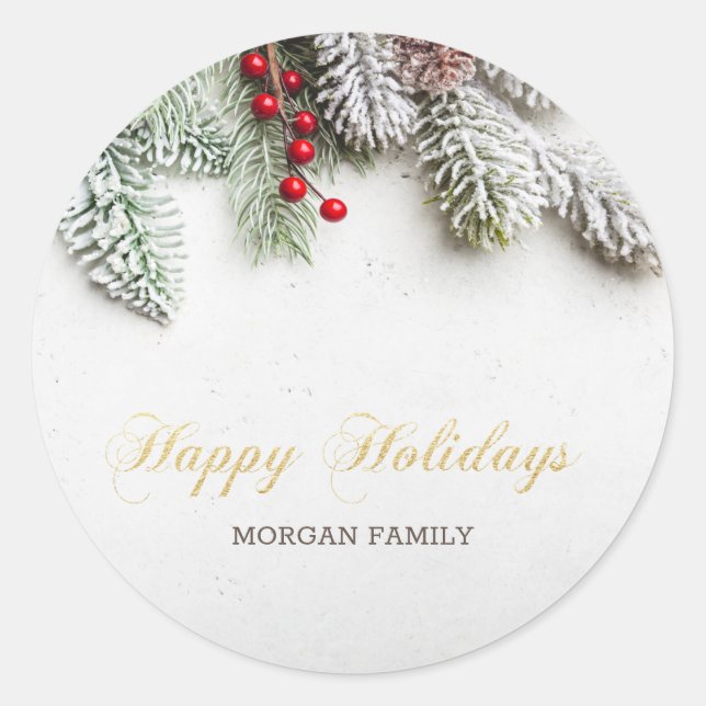 Pine Tree Branches Snow Christmas  Classic Round Sticker (Front)