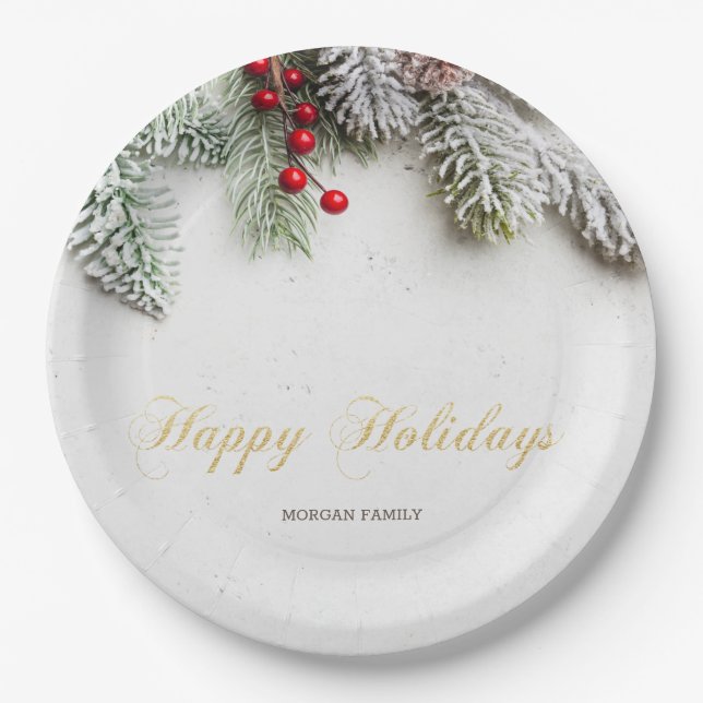 Pine Tree Branches Snow Christmas  Paper Plate (Front)