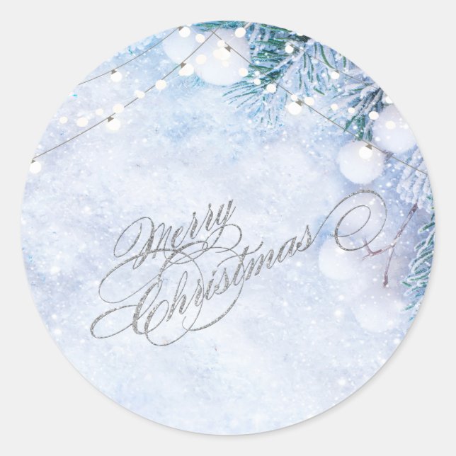 Pine Tree Branches,Snow String Lights  Classic Round Sticker (Front)
